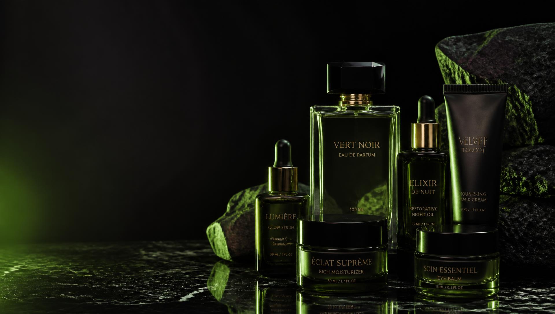 Luxury perfume, serums, moisturiser and hand cream arranged on dark reflective stone with dramatic lime-green rim lighting